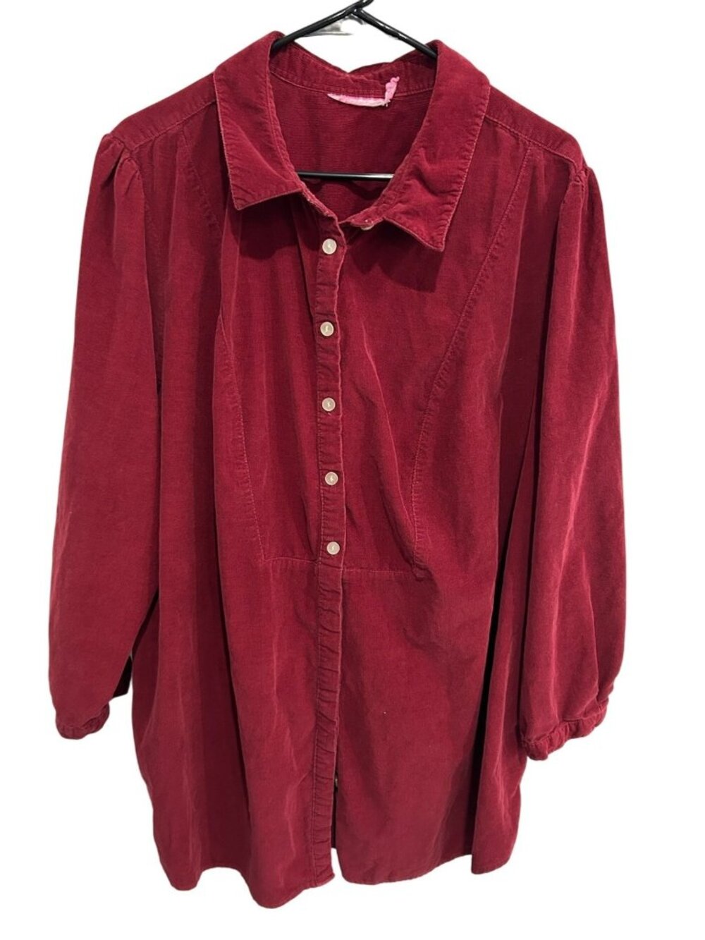 Red Corduroy Tunic Top Shirt Loose Sleeves Collared Neck Relaxed Fit